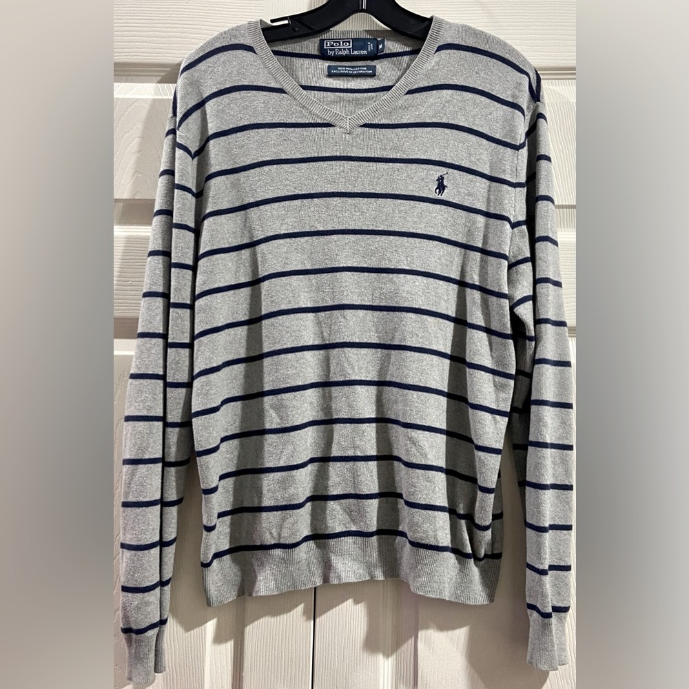 Polo by Ralph Lauren Mens XL Pima Cotton Lightweight Pullover Gray Blue Stripe